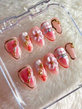 Pink and white 3d Flower Summer Press on Nails